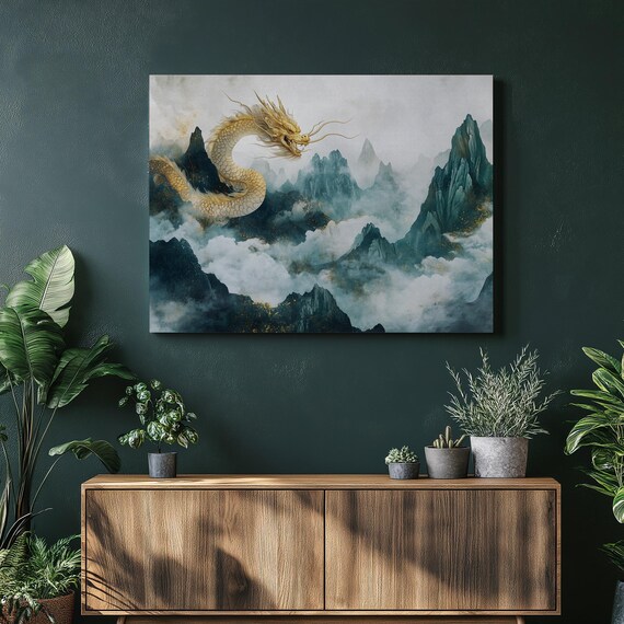Golden Dragon Misty Mountain Peaks Asian Watercolor Art Poster