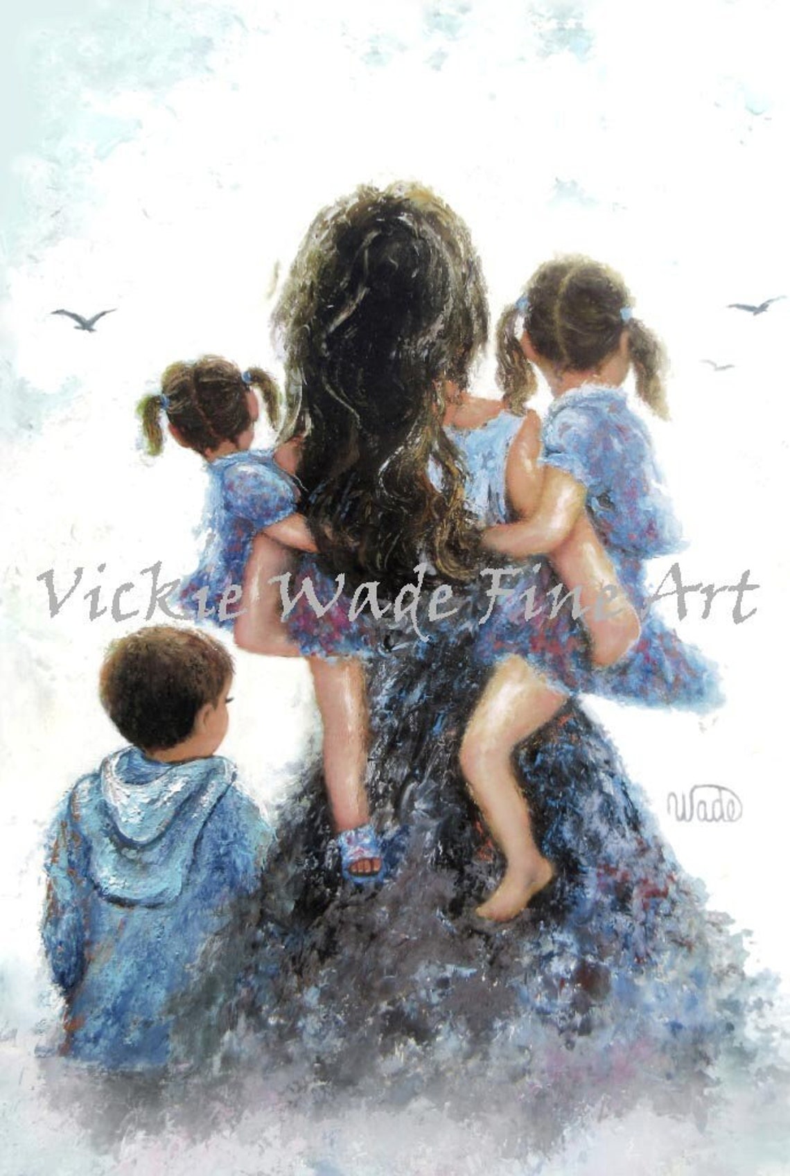 Mother Carrying Two Daughters with Her Son in Soft Blue Tones Poster