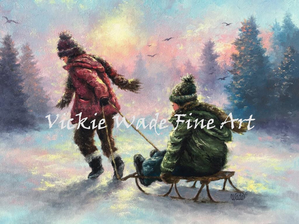 Sledding Girl And Boy Original Painting Sister And Brother Playing In Snow Children Wall Art Snow Oil Paintings Winter Vickie Wade Art