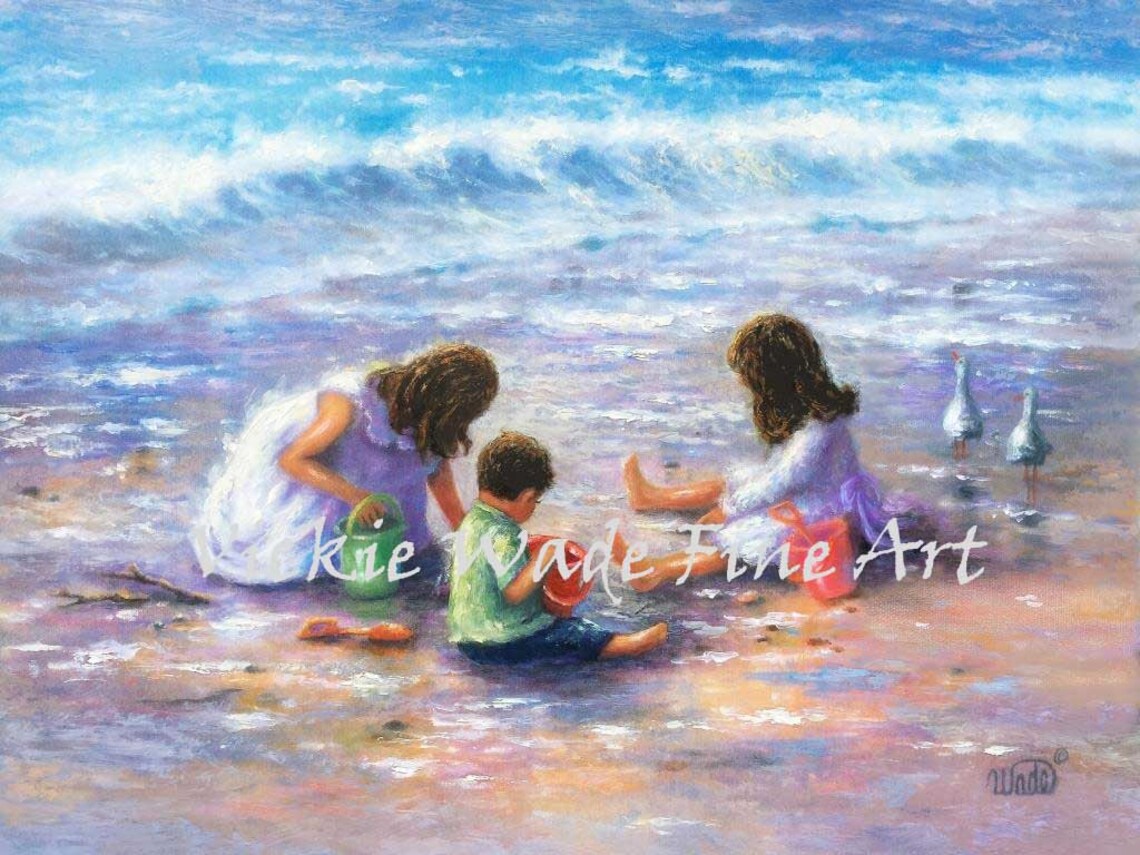Three Children Playing with Buckets at Ocean Shoreline Poster