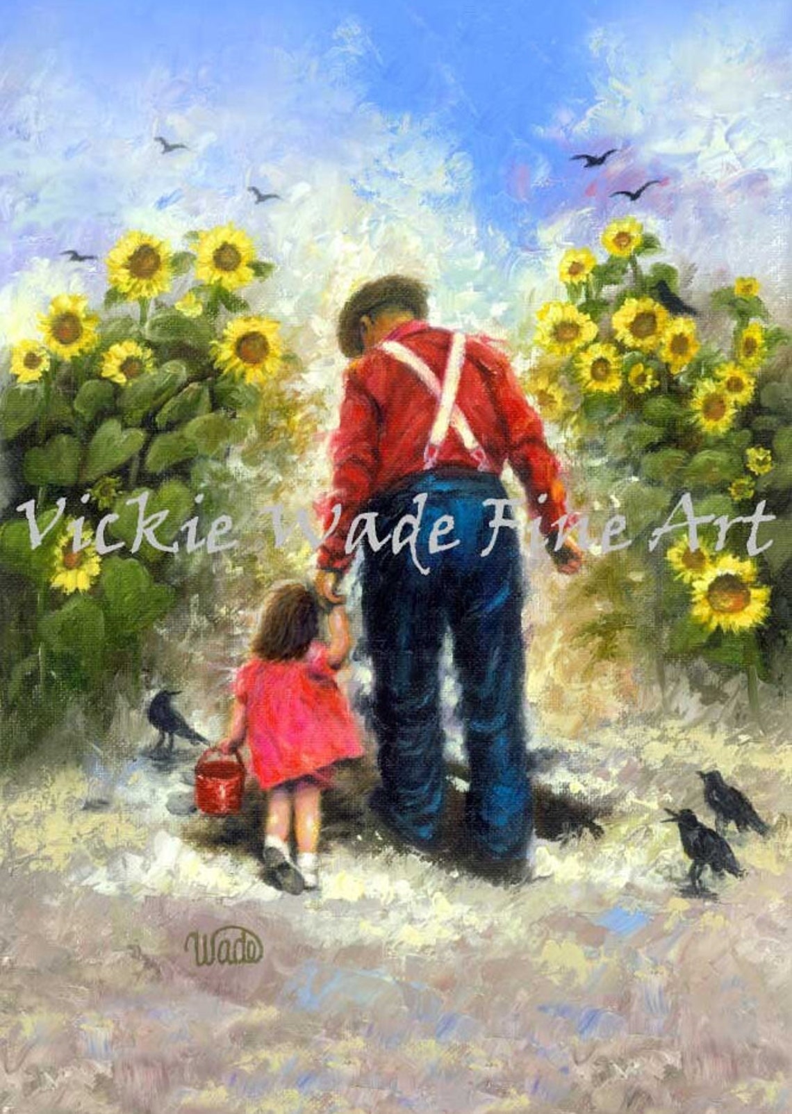 Sunflower Art Print Grandpa Grandfather Brunette Girl Blonde Girl Granddaughter Dad Daughter Crows Sunflower Art Vickie Wade Art