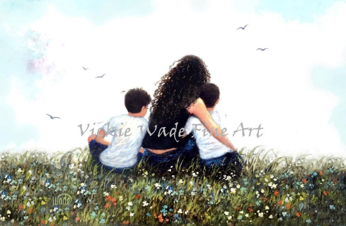 Curly-Haired Mother and Two Sons Sitting Together in a Meadow Poster
