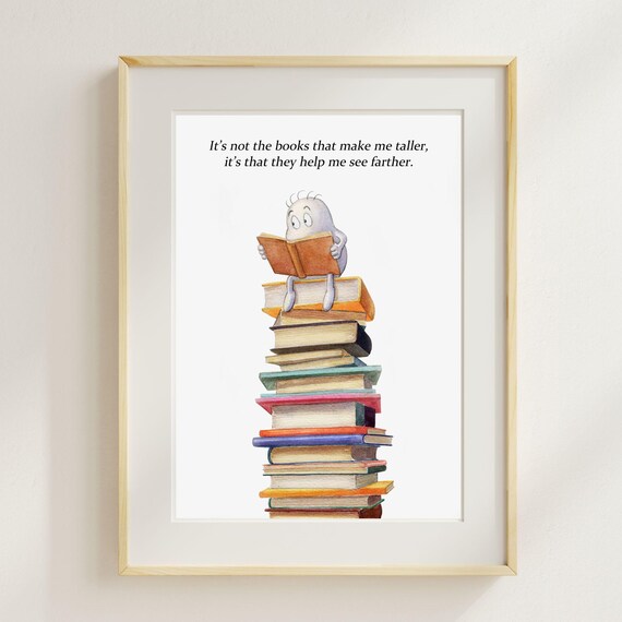 Bookworm Reading Stack of Books Inspirational Quote Art Poster