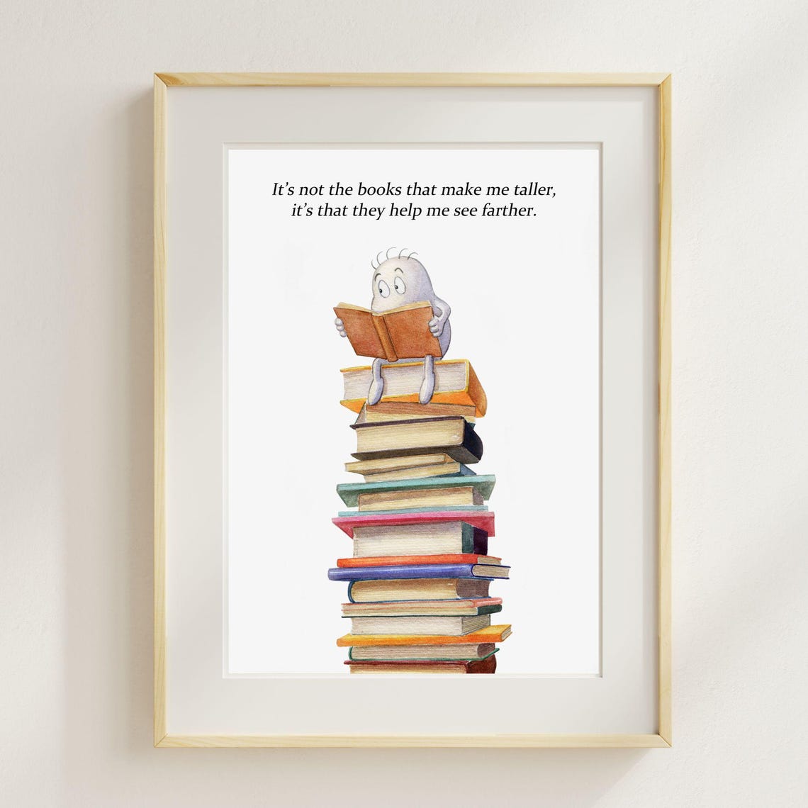 Bookworm Reading Stack of Books Inspirational Quote Art Poster