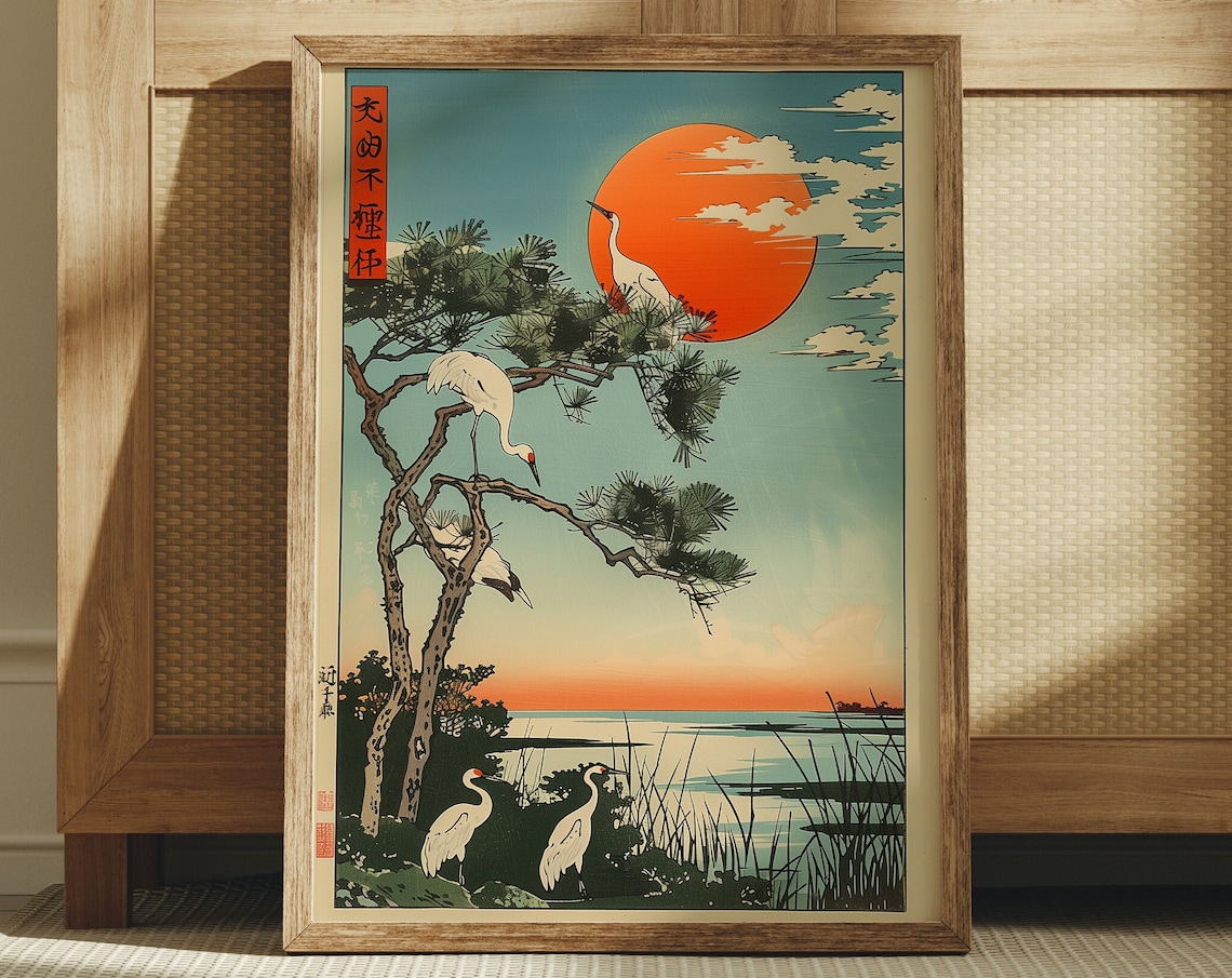 Vintage Japanese Crane Poster, Traditional Wall Art