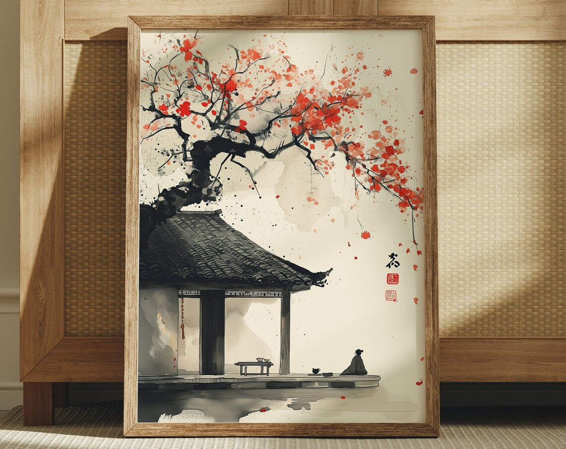 Japanese Sumi-e Plum Blossom Pavilion Zen Ink Wash Landscape Poster