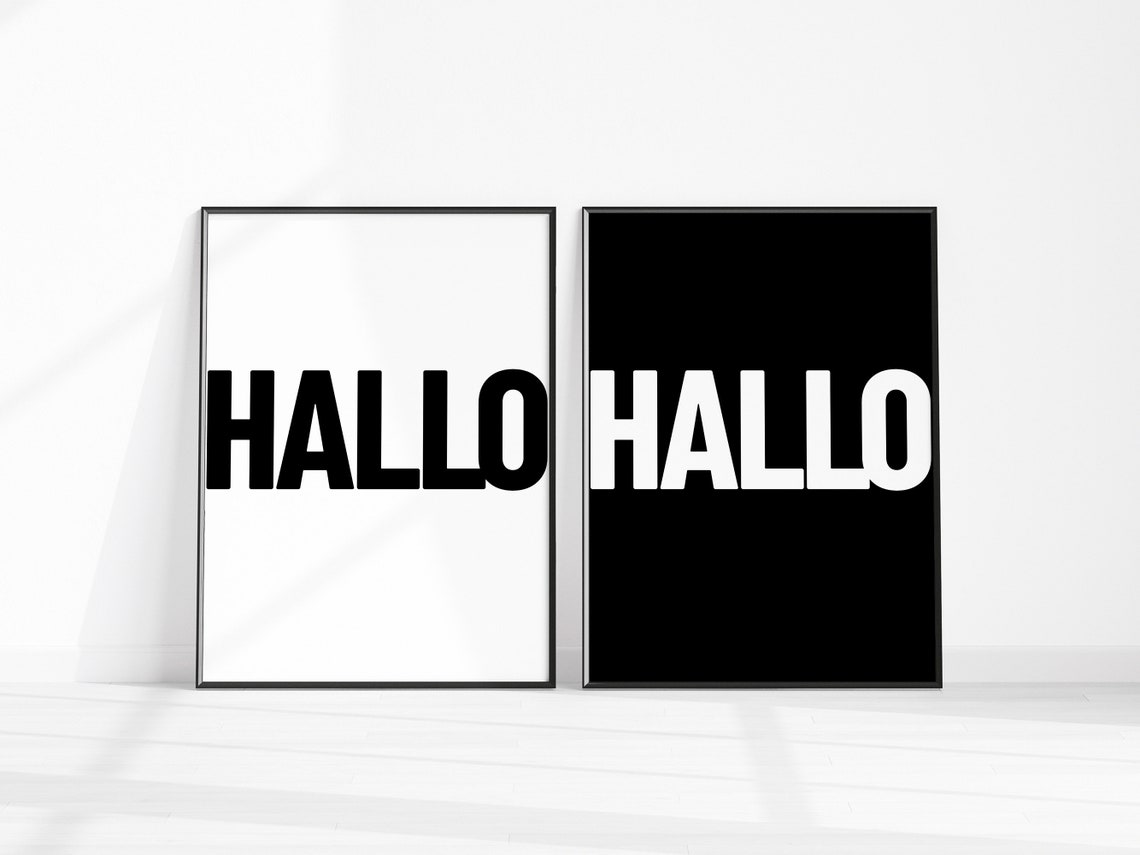 Hallo Bold Typography Poster Set Of Two Black White Minimalist Decor