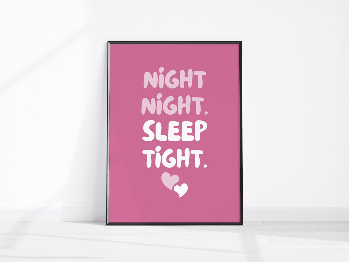 Night Night Sleep Tight Pink Typography Poster Hearts Bedroom Art