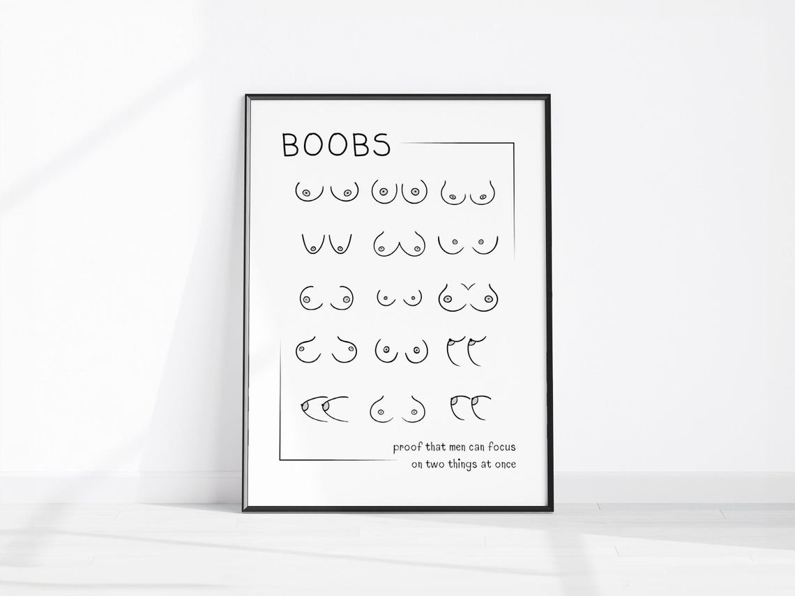 Boobs Funny Line Art Poster Proof That Men Can Focus Joke Quote Art