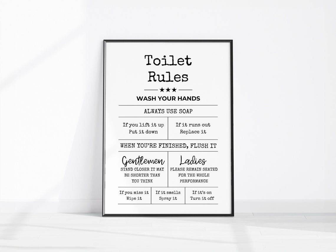 Toilet Rules Black and White Typography Humor Bathroom Poster