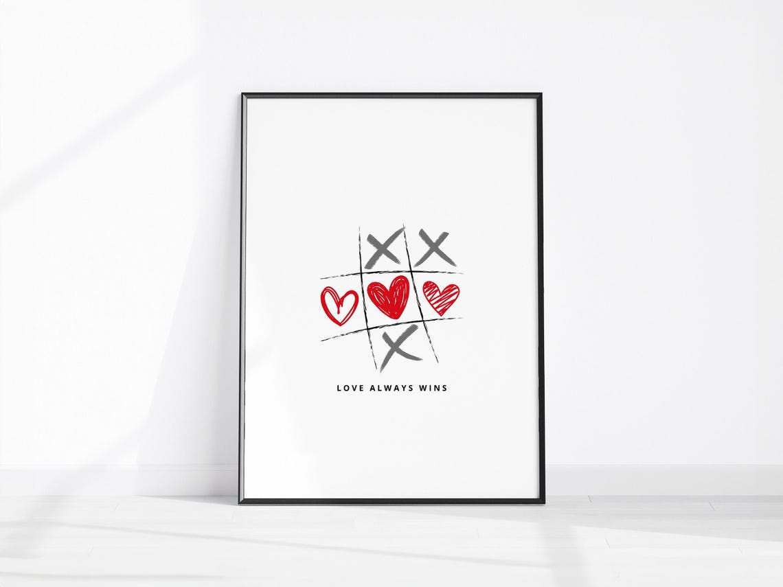 Love Always Wins Tic Tac Toe Red Hearts Minimalist Quote Poster