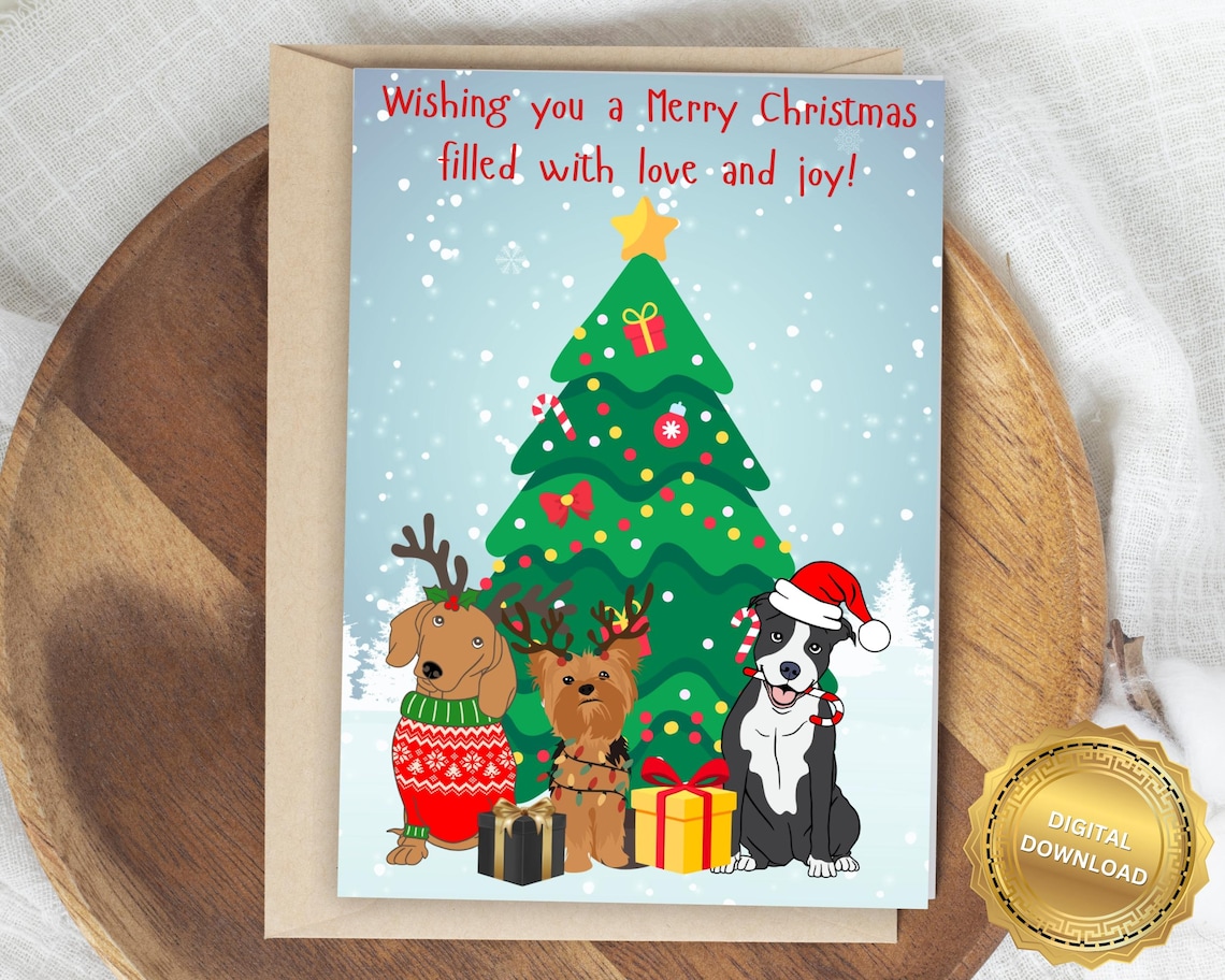 Wishing You a Merry Christmas Card with Three Festive Dogs Poster