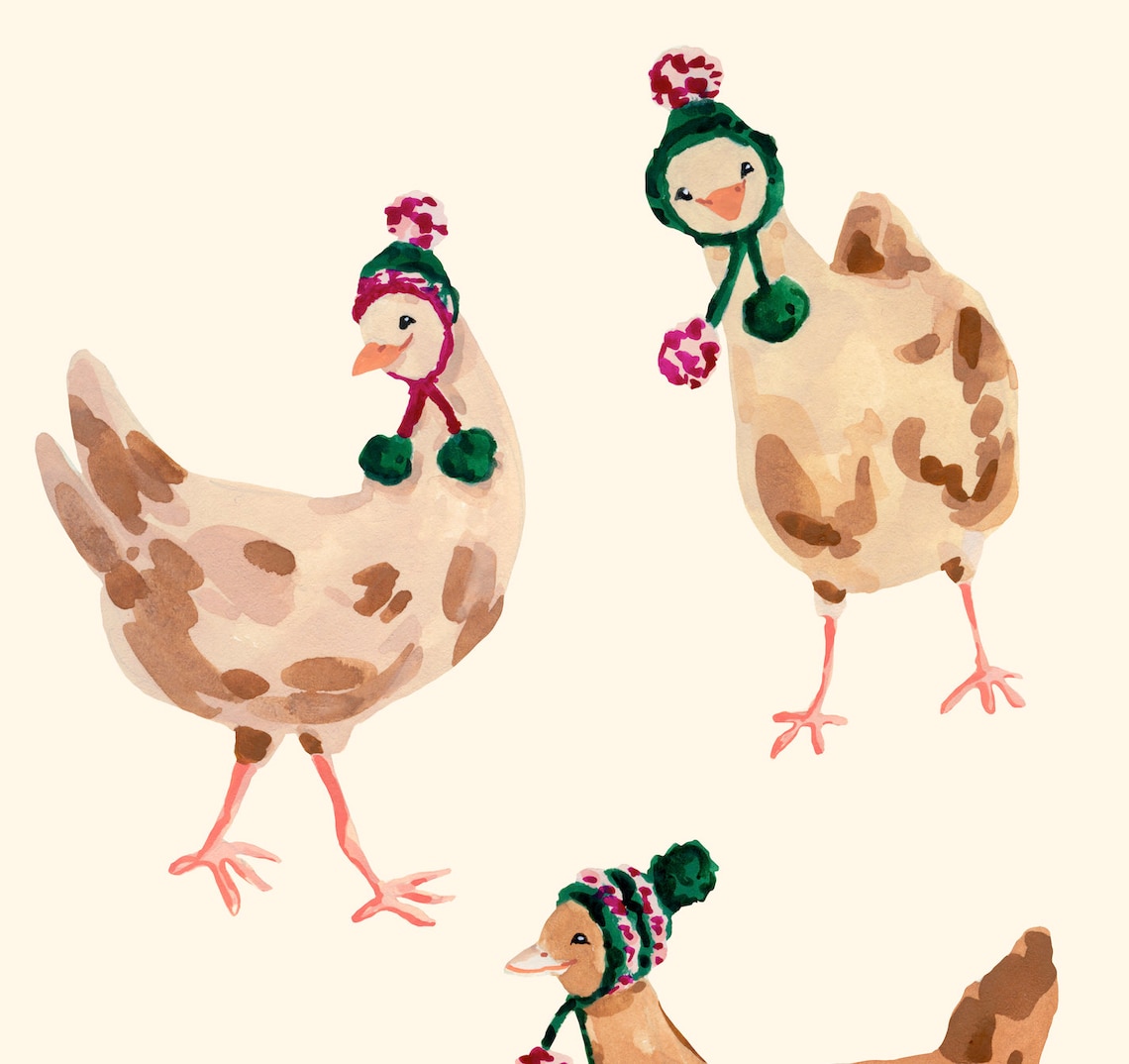 Farmhouse Chickens Wearing Hats, Winter Art Print - Image 4