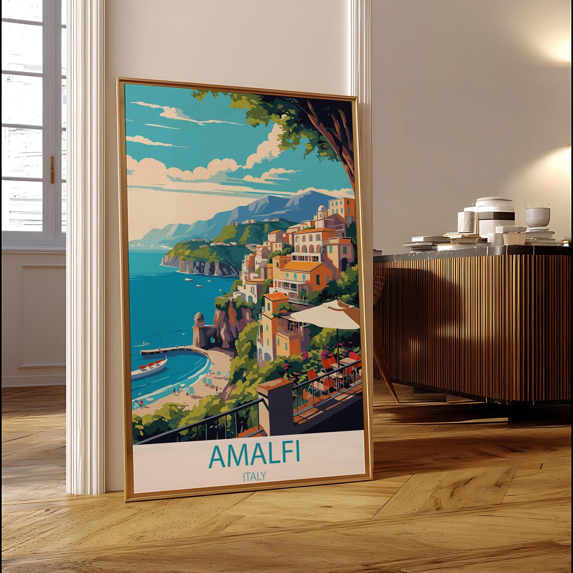 Amalfi Italy Cliffside Coast Beach Umbrella Vintage Travel Poster