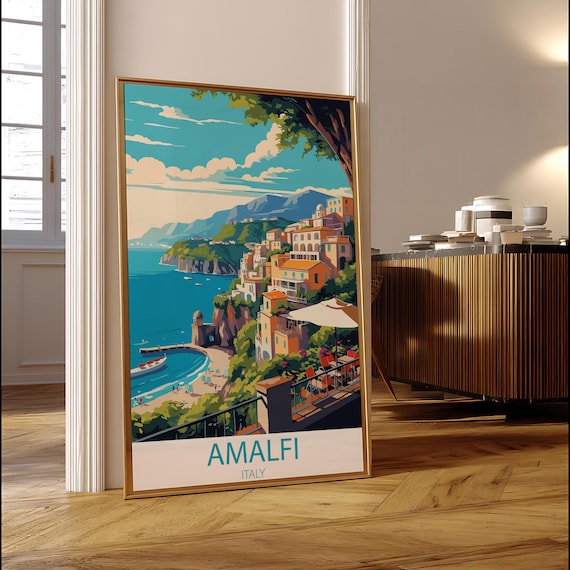 Amalfi Italy Cliffside Coast Beach Umbrella Vintage Travel Poster