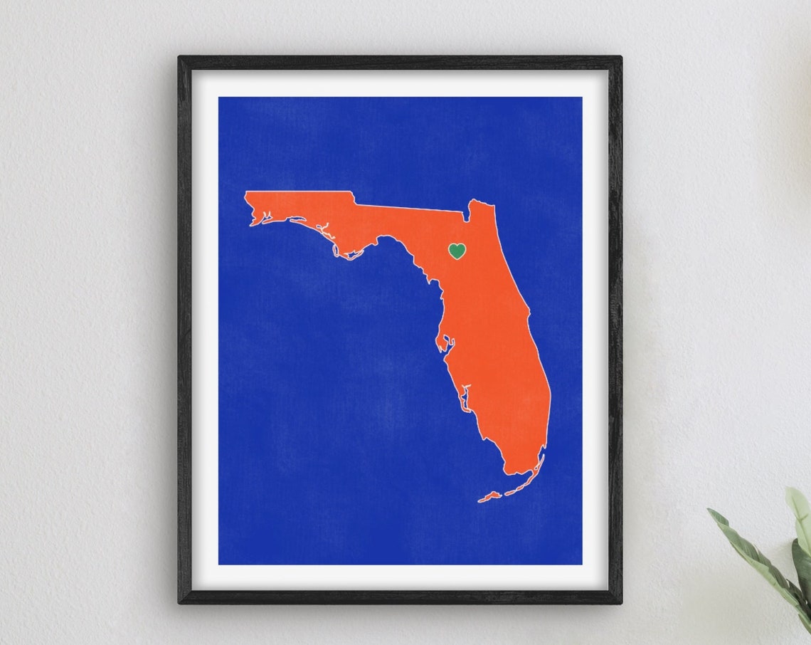 Florida State Map With Heart Over Gainesville College Town Art Print