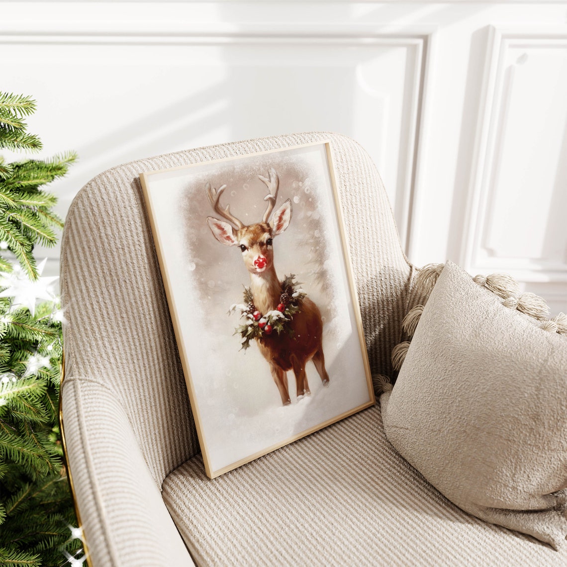 Rudolphe the Reindeer with Holly Wreath Rustic Christmas Art Poster - Image 2
