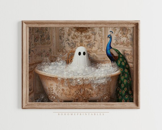 Whimsical Ghost Bubble Bath With Peacock Vintage Halloween Poster