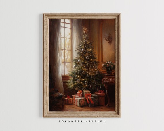 Christmas Tree with Gifts by the Window Vintage Warm Holiday Poster
