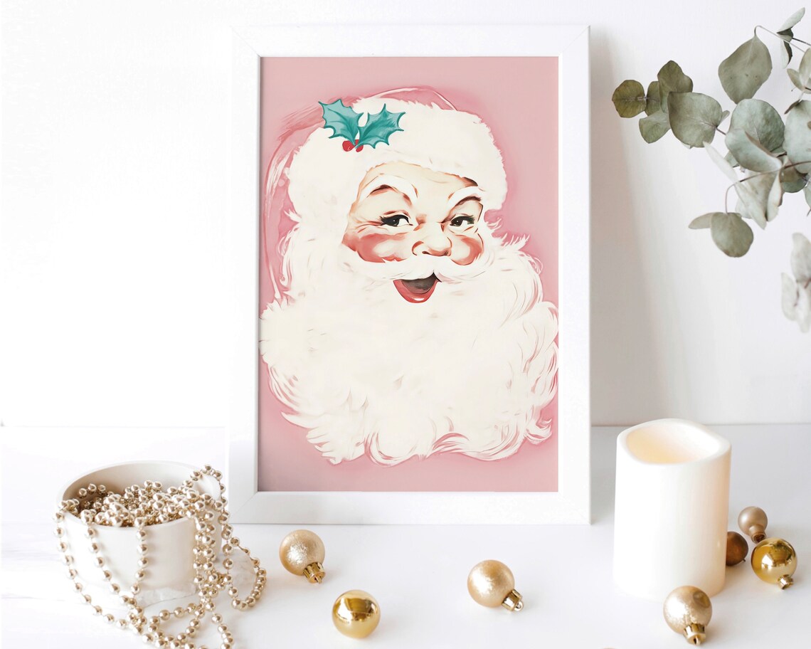 Pink Santa Claus 1950s Christmas Art Print