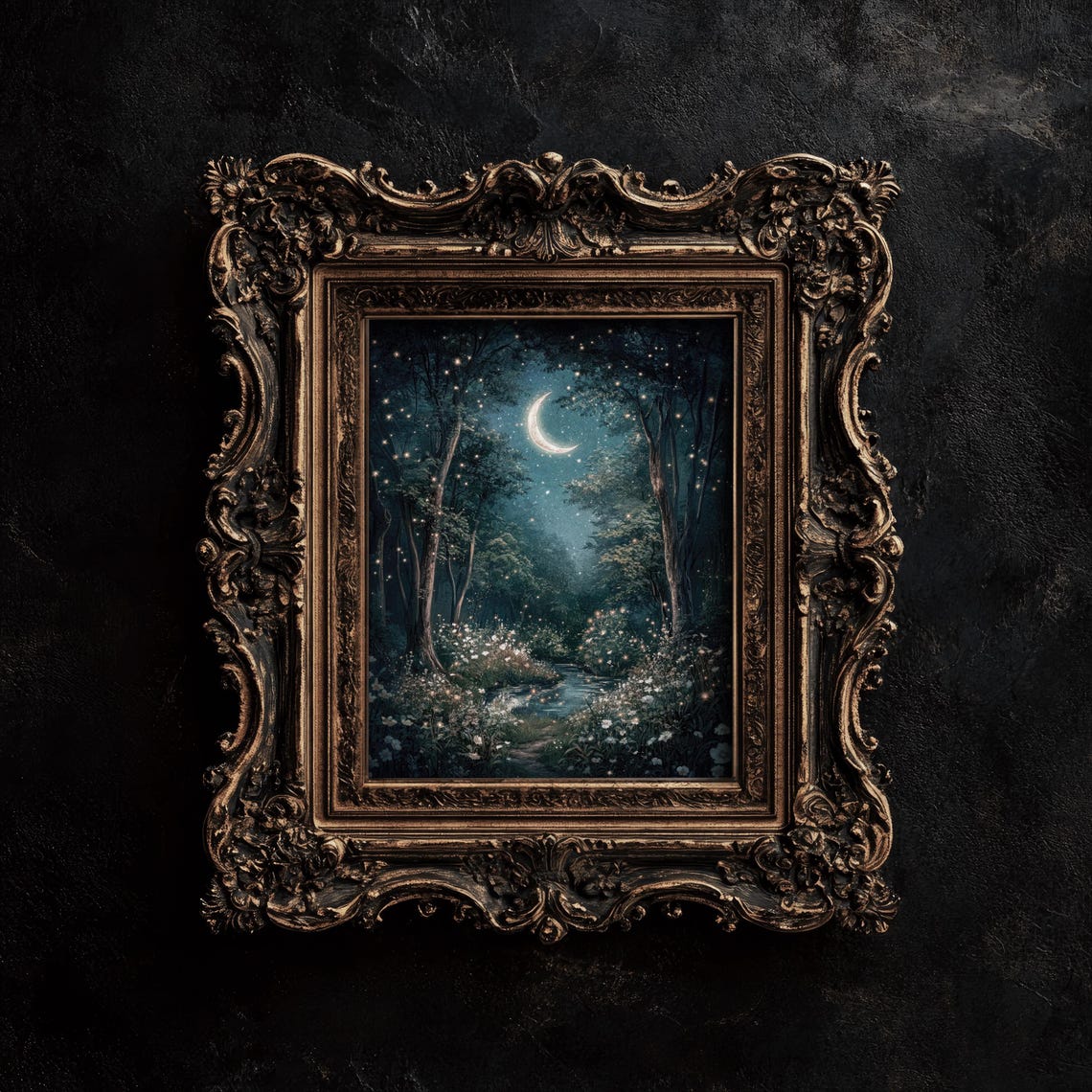 Moonlit Enchanted Forest Fireflies Dark Moody Cottagecore Poster