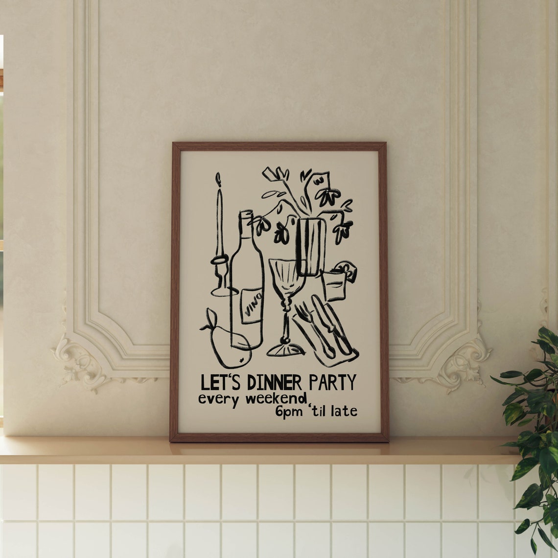 Let's Dinner Party Every Weekend Wine Line Art Kitchen Poster - Image 2