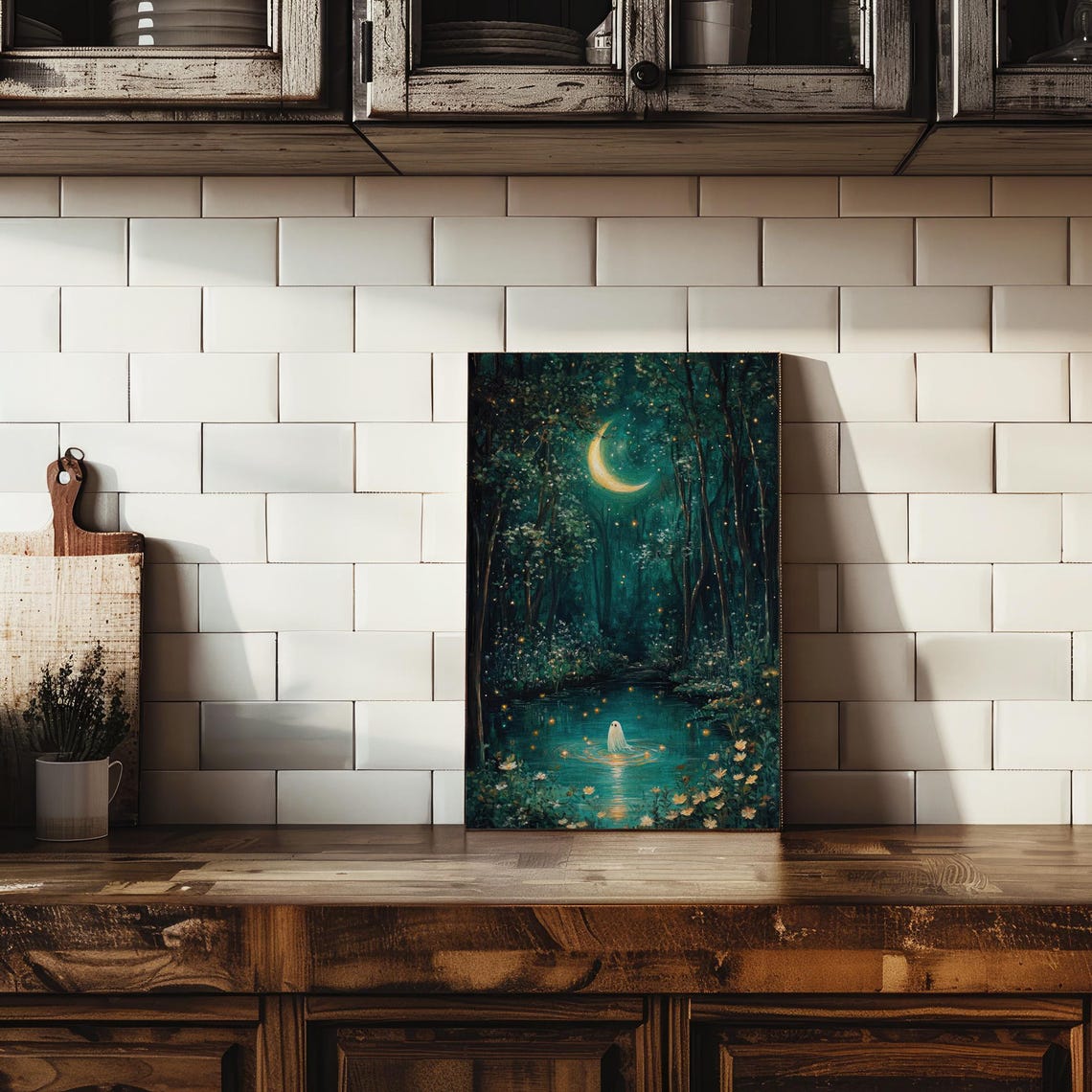 Ghost Floating Over a Moonlit Lake Under a Crescent Moon Poster