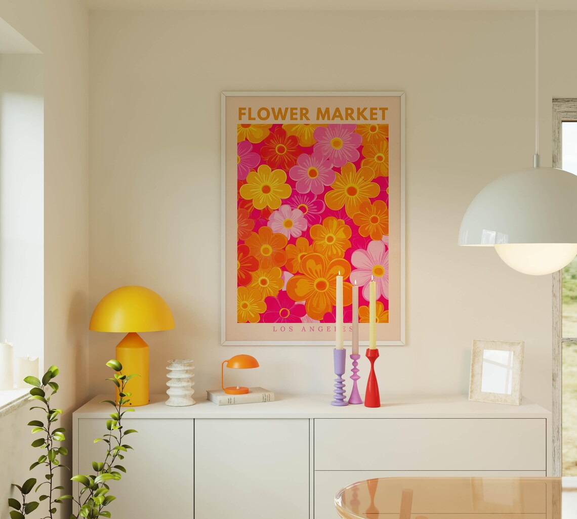 Flower Market Pink Orange Retro Floral Art Print - Image 3