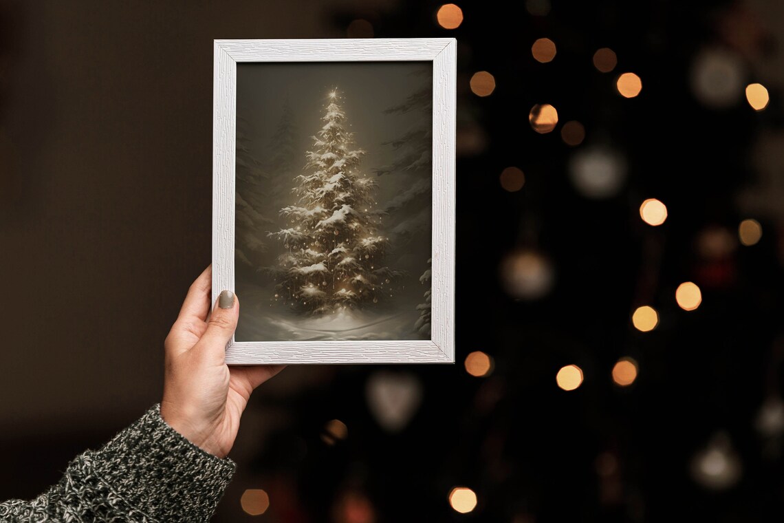 Snow Covered Glowing Christmas Tree in a Dark Moody Winter Forest Poster - Image 2