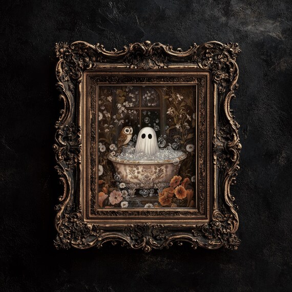 Cute Ghost Owl Bubble Bath Dark Victorian Floral Halloween Poster