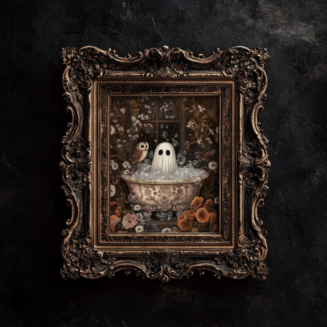 Cute Ghost Owl Bubble Bath Dark Victorian Floral Halloween Poster