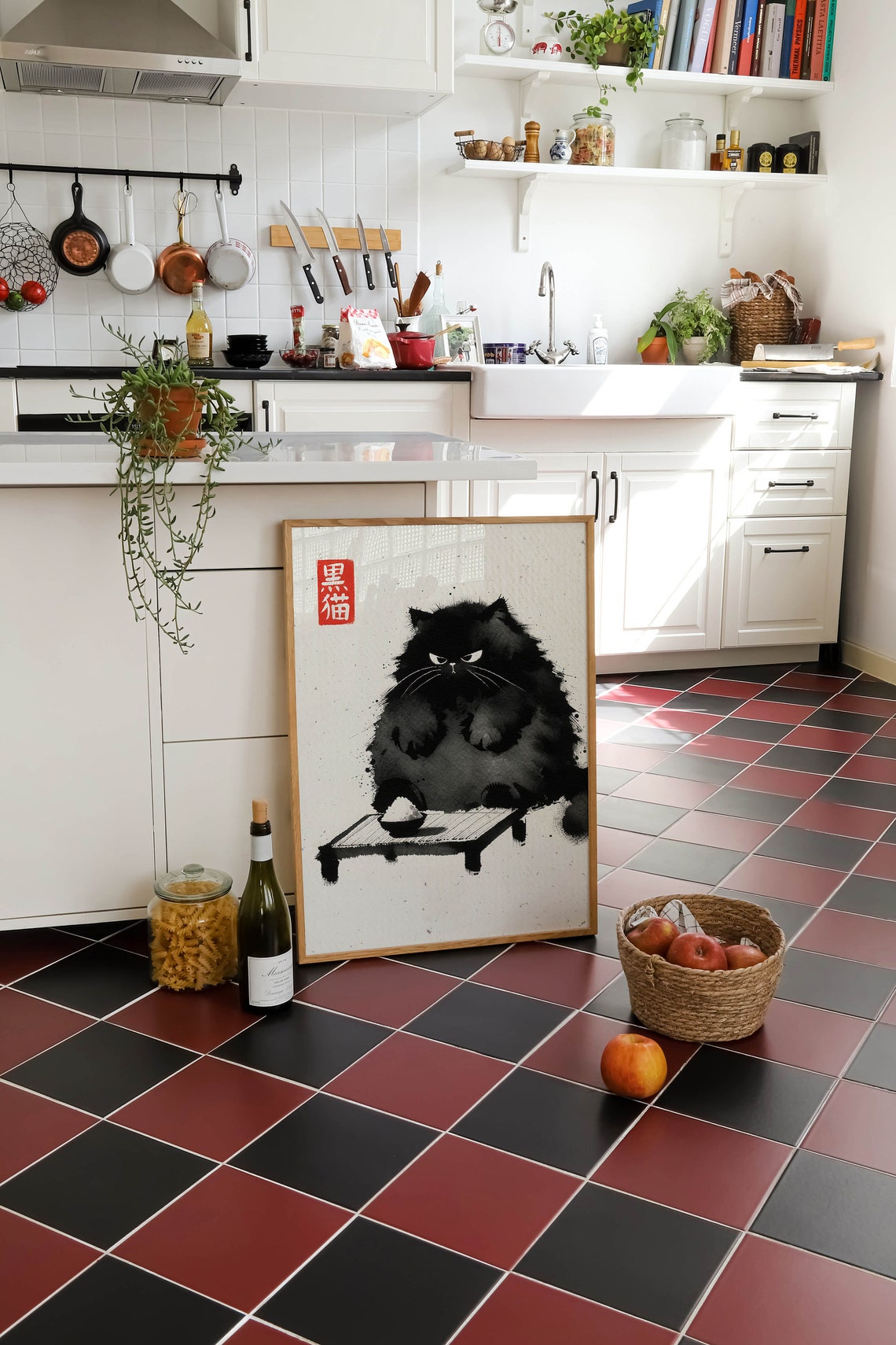 Grumpy Black Cat Japanese Sumi-e Ink Wash Painting Art Poster - Image 2