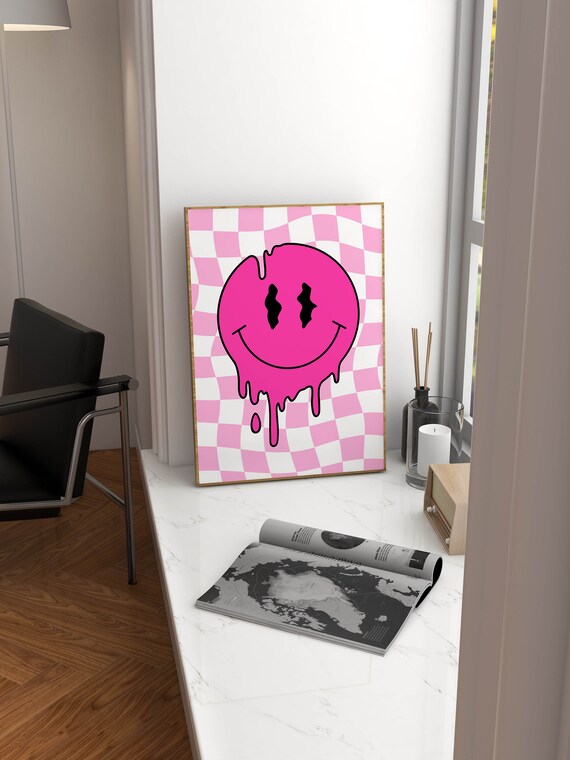Pink Melting Smiley Face Funky Checkerboard Retro Wall Poster
