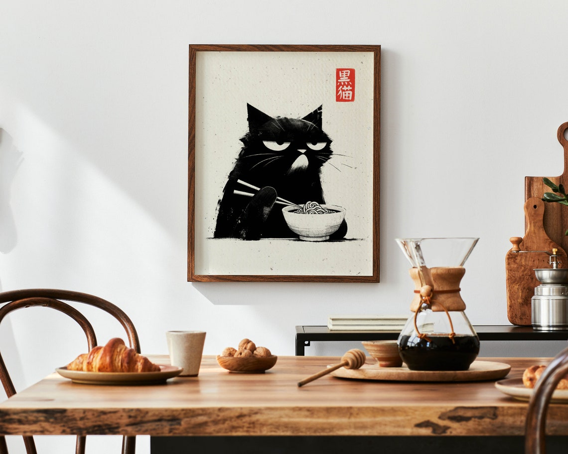 Grumpy Black Cat Eating Ramen Japanese Style Funny Kitchen Art Poster - Image 2