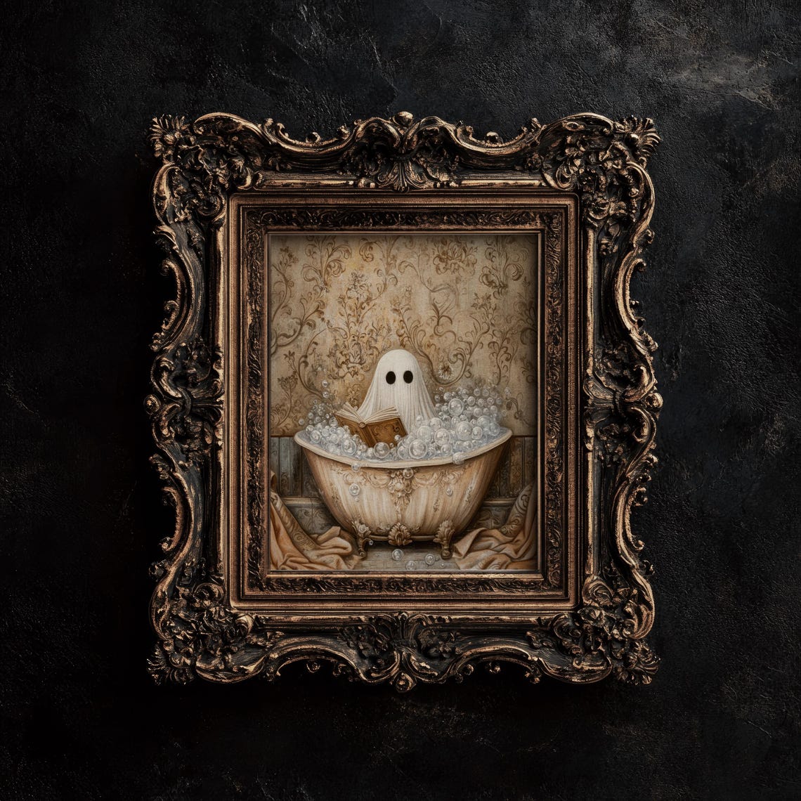 Cute Ghost Reading Book Bubble Bath Gold Damask Halloween Poster - Image 2