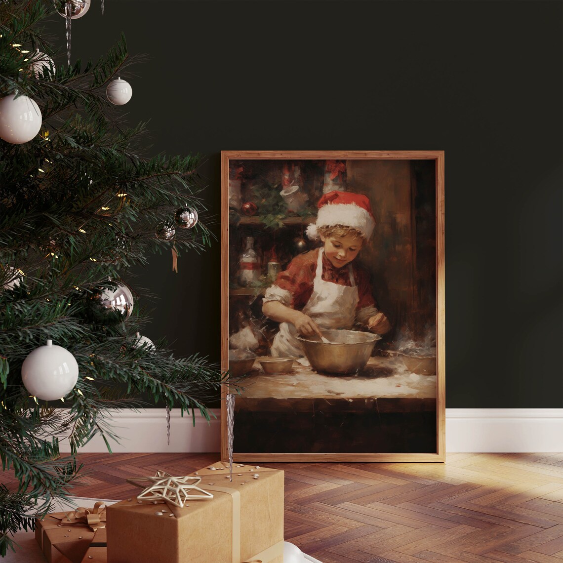 Little Girl Baking Cookies in a Santa Hat Vintage Christmas Art Poster - Image 2