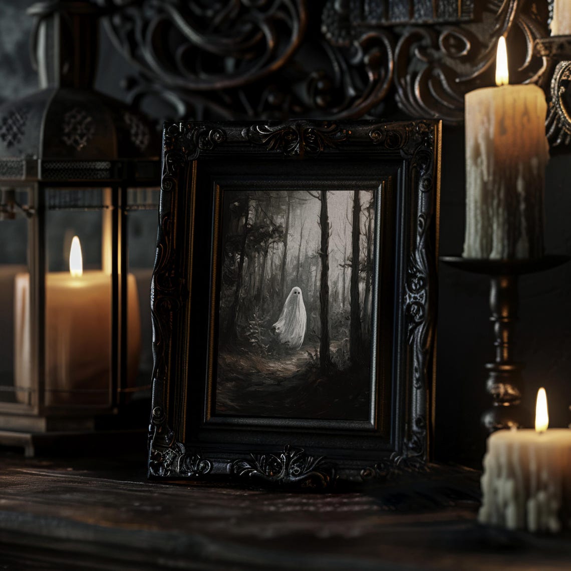 Lone Ghost in Dark Misty Forest Moody Vintage Painting Poster - Image 2