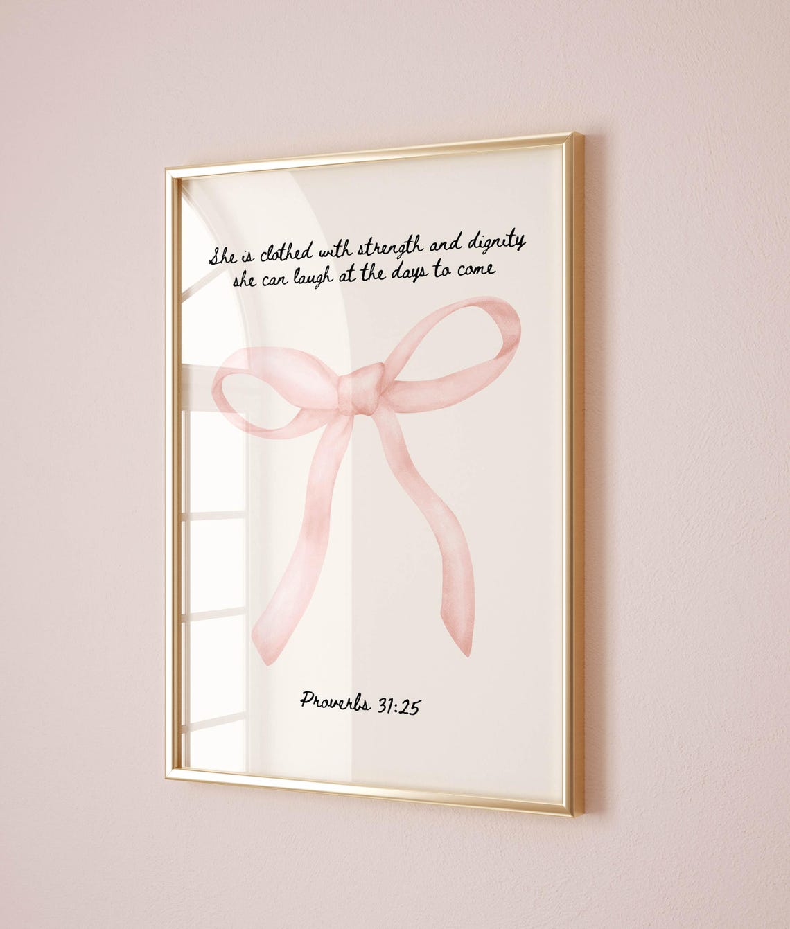 Pink Bow Proverbs 31 Verse 25 Christian Scripture Quote Wall Art - Image 2