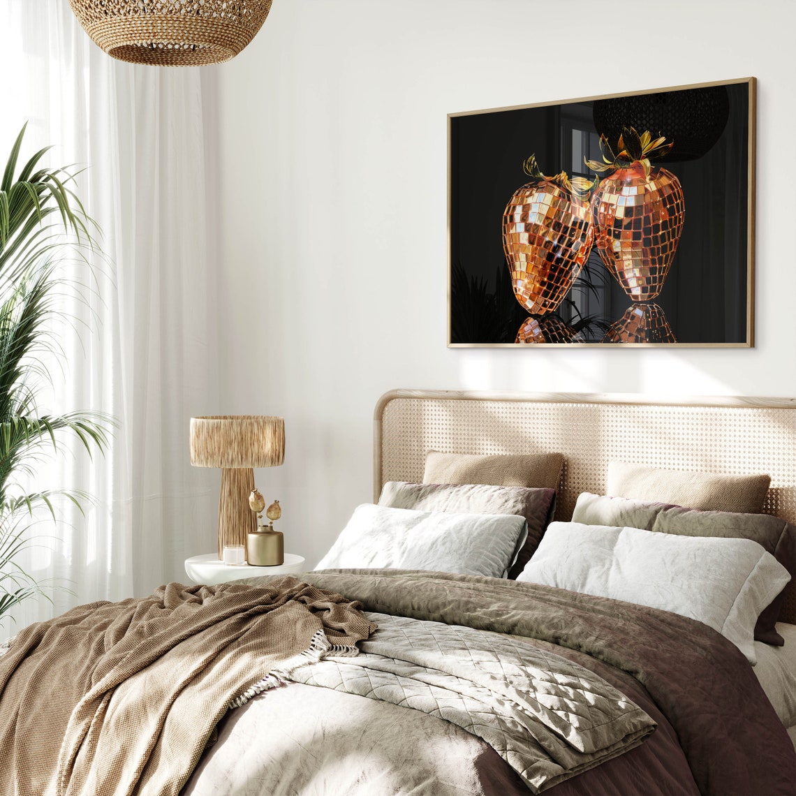 Golden Disco Ball Strawberry Pair on Black Funky Retro Art Poster - Image 2