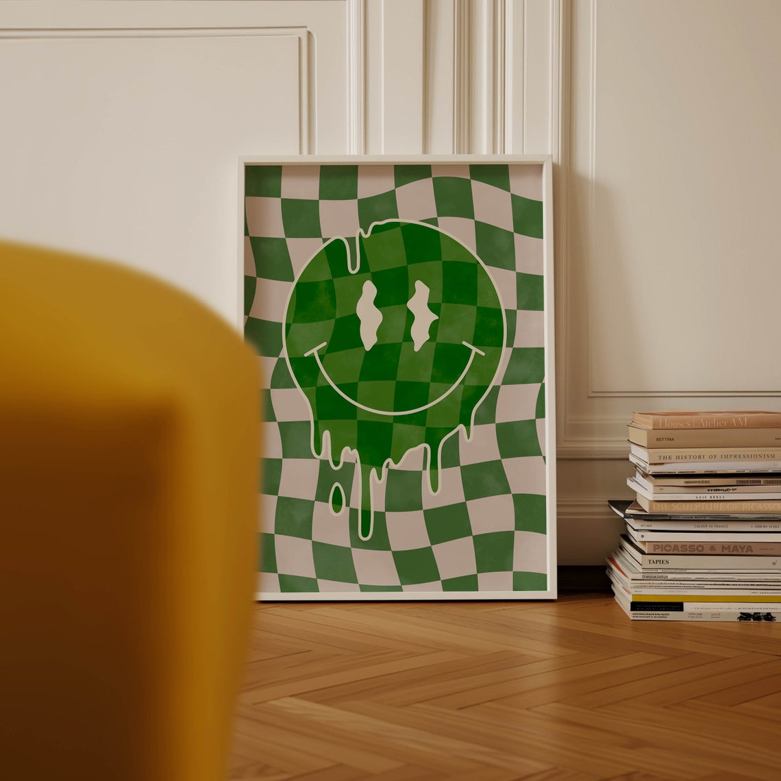 Melting Smiley Face on Green Checkered Psychedelic Retro Wall Poster - Image 3