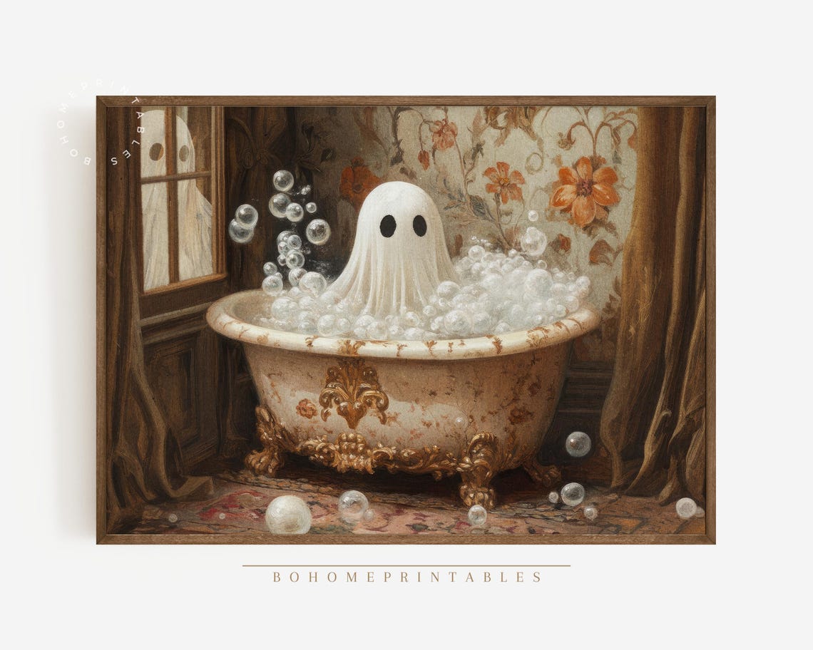 Cute Ghost Bubble Bath By Window With Friend Vintage Halloween Poster