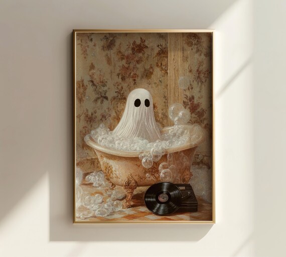 Cute Ghost Bubble Bath With Vinyl Record Vintage Halloween Poster
