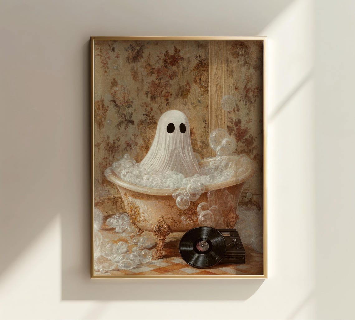 Cute Ghost Bubble Bath With Vinyl Record Vintage Halloween Poster