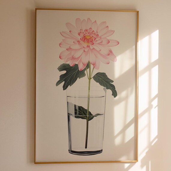 Botanical Still Life Poster Single Pink Flower In Glass Vase Print Minimalist Drawing And Wall Art Illustration