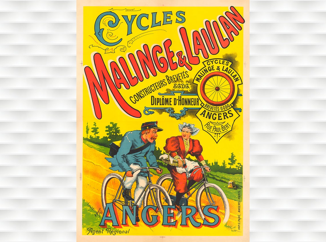 Cycles Malinge Laulan Angers Bright Yellow Bicycle Ad Poster