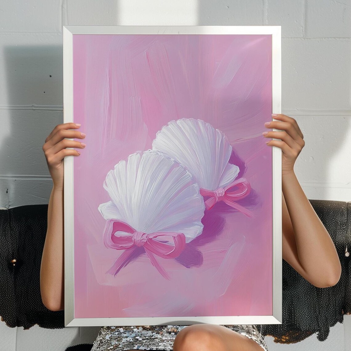 Pink Seashells With Bows, Coastal Art Print