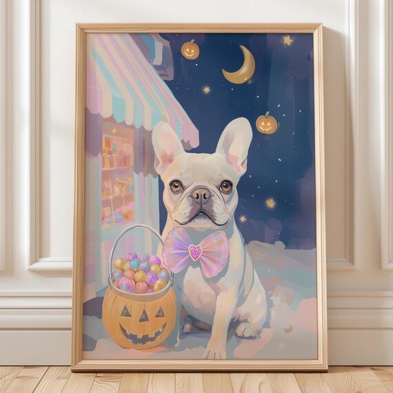 French Bulldog With Jack O Lantern And Candy Halloween Wall Art Trick Or Treat Pup Pumpkins October Fall Poster