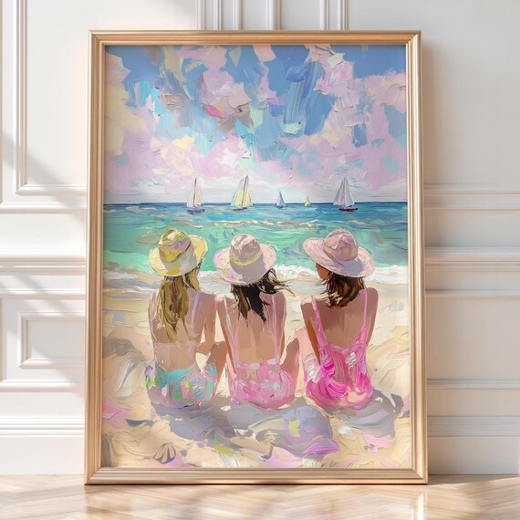 Three Friends Beach Pastel Painting Sun Hats Sailboats Poster