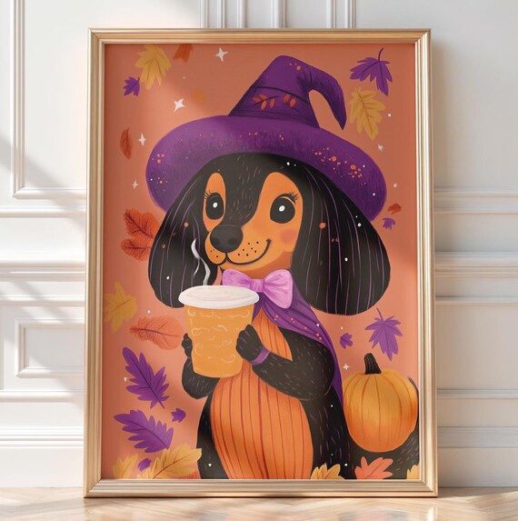 Halloween Dachshund Wall Art Dog Witch Autumn Fall October Poster Print Pet Costume Cute Painting