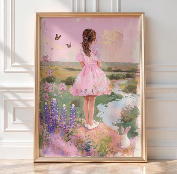 Girl With Bunny Wall Art Pastel Flower Field Painting Feminine Coquette Whimsical Nature Girls Room Decor
